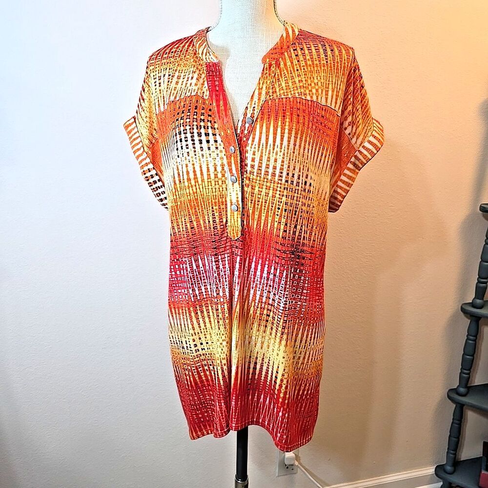 Cocomo Size 2X Blouse Tunic Dress Cover-Up Stretchy Jersey Knit Orange Zig Zag